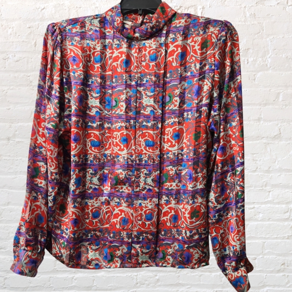 Nicola Vintage Chiffon Pleated Button Back Red Blue Floral‎ Size 14 Blouse Shirt
